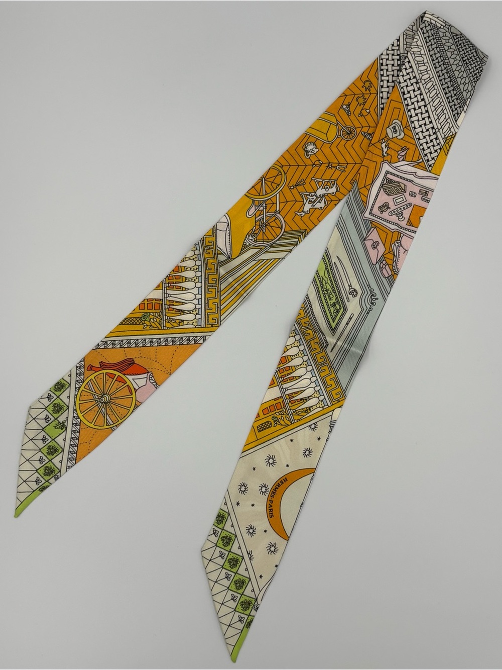 Hermes Twilly Scarf Orange Cream Architectural Equestrian Geometric Luxury Wrap